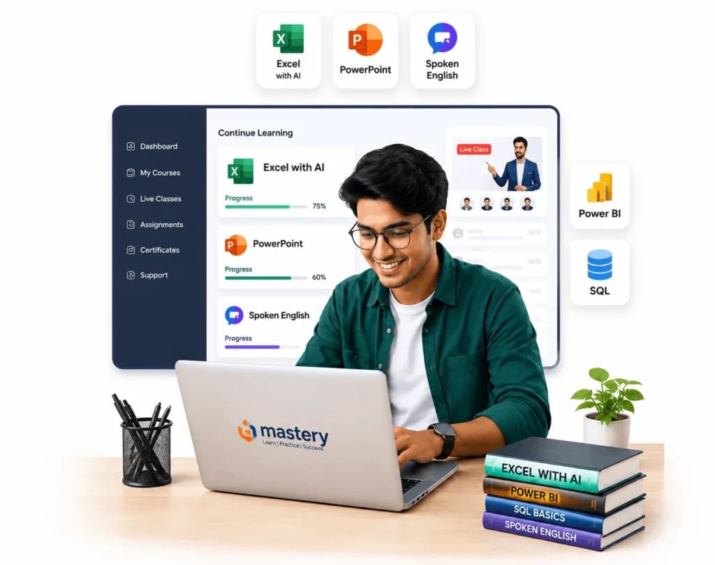 Student learning Excel, PowerPoint and Spoken English on the Mastery dashboard